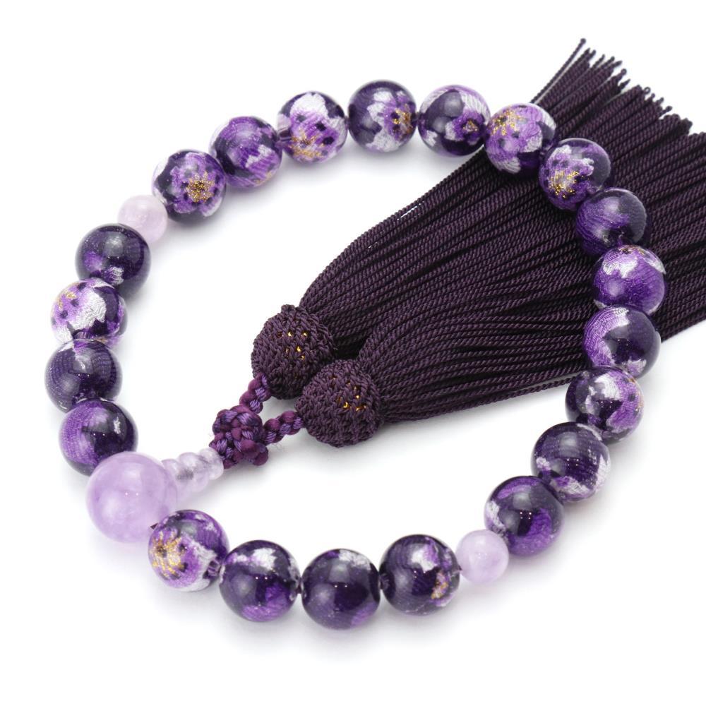 【京念珠×京ちりめん】藤雲石 数珠袋付き パープル【土屋念珠店/女性用/レディース/数珠/略式/仏具】