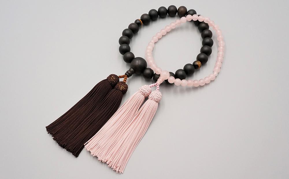 【神戸珠数店】〈京念珠〉 縞黒檀 虎眼石入り 紅水晶 男性用数珠/女性用数珠セット【数珠袋2枚付き】