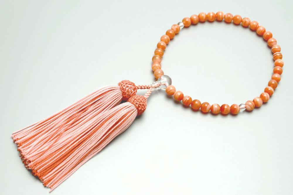 【京念珠】 縞メノウ 7mm玉 水晶 正絹頭房【土屋念珠店/女性用/レディース/念珠/略式/3776】