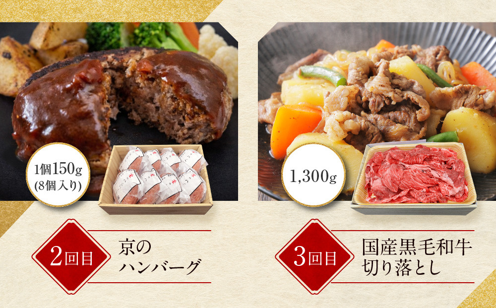 ＜定期便全3回＞【モリタ屋】人気商品3種定期便｜京都 老舗牛肉専門店 有名店 ブランド牛 人気 牛肉［ 肉 ハンバーグ ローストビーフ すき焼き 人気 おすすめ グルメ 簡単 お手軽 おいしい 高級 ブランド ブランド牛 和牛 国産牛 ギフト プレゼント お取り寄せ 通販 送料無料 ふるさと納税 ］