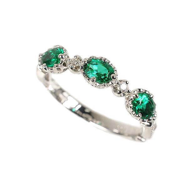 【京セラ】クレサンベール〈エメラルド・天然ダイヤモンド〉リング【オーバル3石/アンティーク風/5月誕生石/K18ホワイトゴールド/WRGE2635】