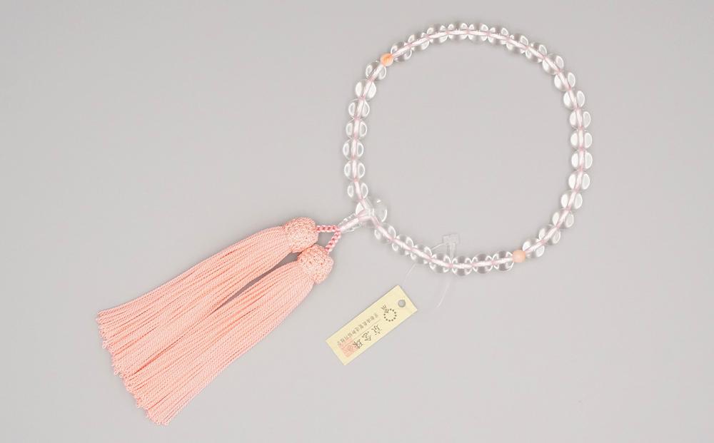 【神戸珠数店】〈京念珠〉 水晶 珊瑚入り 女性用数珠【数珠袋付き】
