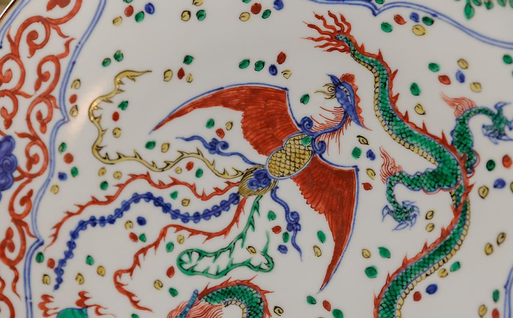 【雲泉】赤渦龍鳳凰宝文皿・萬歴龍鳳凰文皿