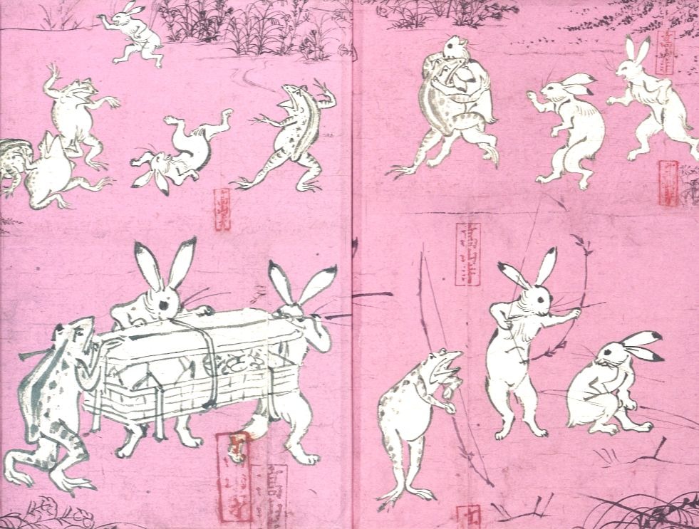 【芸艸堂】和綴じ製本の御朱印帳（鳥獣戯画・兎）＆てぬぐい（白地に赤千鳥）