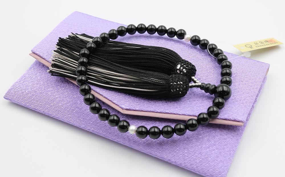 【中郷の京念珠】女性用 オニキス（淡水真珠入り）の数珠（じゅず）＋数珠袋＋金封ふくさ 3点セット