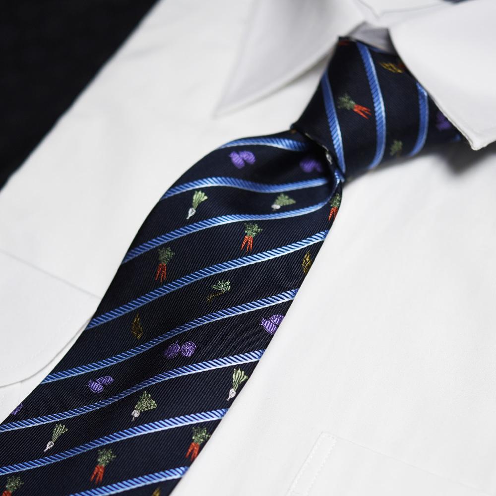 【クラバットウエダ】京野菜柄 西陣織ネクタイ ネイビー（紺）