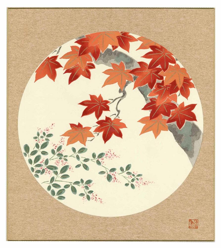 【長谷川松寿堂】型友禅染色紙（８寸×９寸）４枚・色紙立て１個