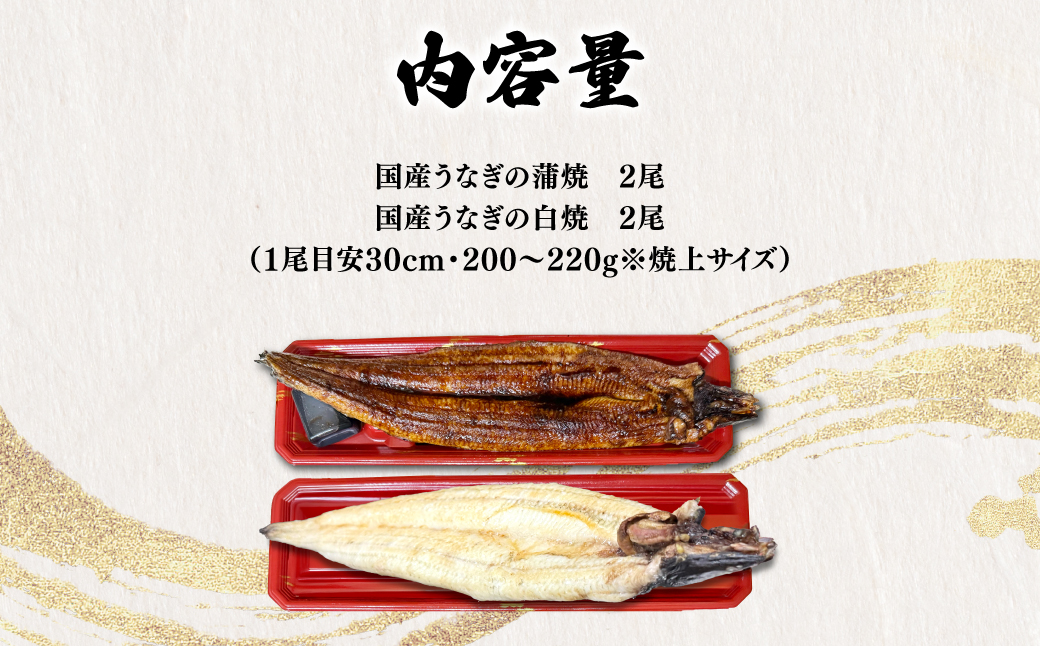 「国産うなぎの蒲焼き」×「国産うなぎの白焼き」 計4尾セット（各2尾）【凍らさず美味しさそのまま！〆たて・焼きたてを冷”蔵”で発送】地元飲食店に愛される、美味さにこだわった「国産うなぎの蒲焼き」×「国産うなぎの白焼き」 計4尾セット 特上 うなぎ 蒲焼 ウナギ 鰻蒲焼き うなぎ蒲焼き 白焼き 4尾 国産 浜名湖 関西 鰻蒲焼 養殖 冷蔵 ギフト ご褒美 人気 京都　京都府 福知山市 FCF018