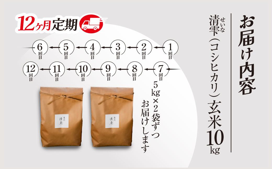 ＜12ヶ月定期便＞＜令和7年産＞ 京都夜久野産 清雫(せいな) コシヒカリ 玄米 (10kg×12回) ふるさと納税 福知山市 特産品 令和7年度産 先行 定期便 選べる 容量 回数 玄米 夜久野 京都 【fc-DB005-C12】【合同会社夜久野清雫】