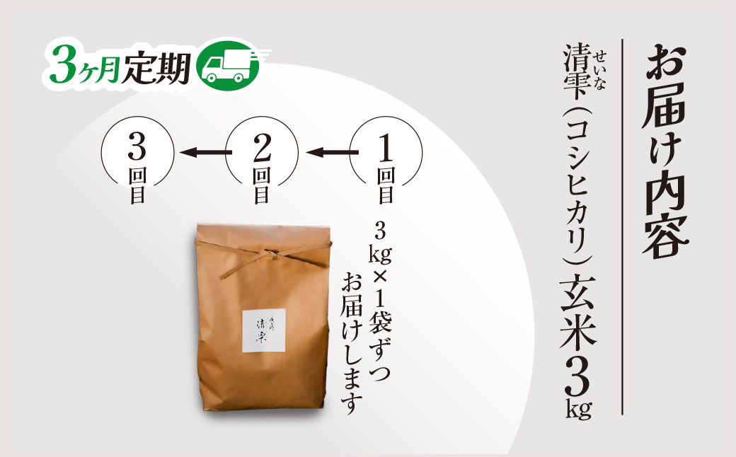＜3ヶ月定期便＞＜令和7年産＞ 京都夜久野産 清雫(せいな) コシヒカリ 玄米 (3kg×3回) ふるさと納税 福知山市 特産品 令和7年度産 先行 定期便 選べる 容量 回数 玄米 夜久野 京都 【fc-DB005-A03】【合同会社夜久野清雫】