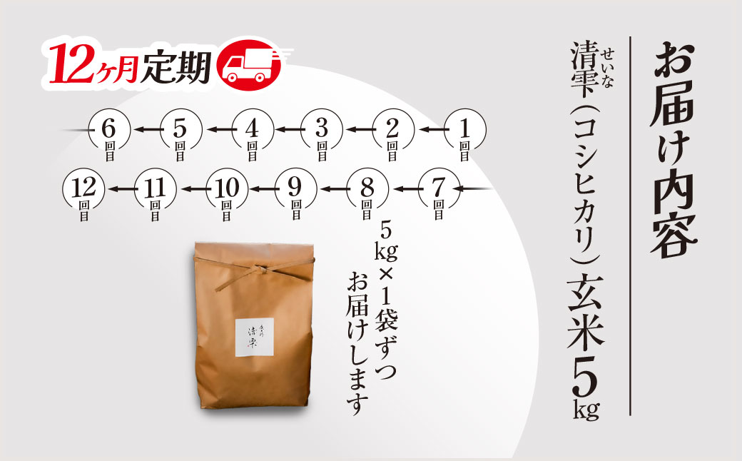＜12ヶ月定期便＞＜令和7年産＞ 京都夜久野産 清雫(せいな) コシヒカリ 玄米 (5kg×12回) ふるさと納税 福知山市 特産品 令和7年度産 先行 定期便 選べる 容量 回数 玄米 夜久野 京都 【fc-DB005-B12】【合同会社夜久野清雫】