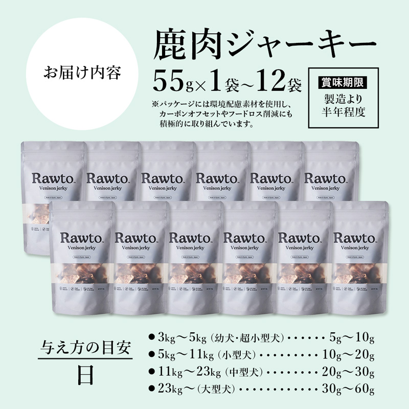 鹿肉ジャーキー Rawto Venison Jerky 55g×3袋 ： 国産 ペットフード ドッグフード 犬用 ペット用 鹿肉 ジャーキー 無添加 おやつ ご褒美 高たんぱく 低脂肪 低カロリー 鉄分 ビタミン 亜鉛 