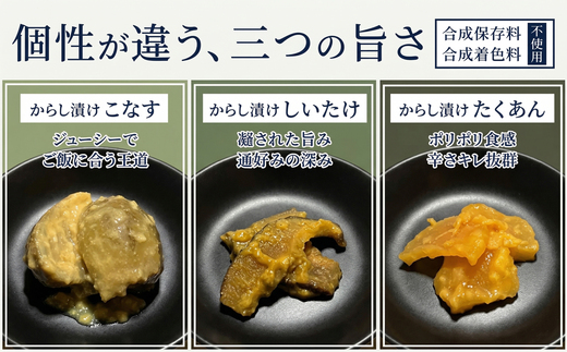 米こうじ仕込み からし漬け 3種 240g 食べ比べ セット 和からし使用 こなす・しいたけ・たくあん 各80g | からし漬け 和からし 米こうじ 発酵食品 漬物 食べ比べ 保存料不使用 着色料不使用 ご飯のお供 おつまみ しいたけ たくあん こなす 京都 舞鶴