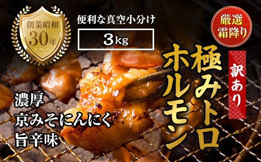 【訳あり】 霜降り 極みトロホルモン 3kg 京味噌にんにく旨辛味 秘伝のタレ付き 簡易包装 | 訳あり 訳アリ 国産 極トロホルモン 霜降り 京味噌にんにく ホルモン 冷凍 真空パック 家庭用 ホルモンうどん　八島丹山 京都 舞鶴