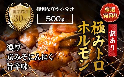 【訳あり】 霜降り 極みトロホルモン 500g 京味噌にんにく旨辛味 秘伝のタレ付き 簡易包装 | 訳あり 訳アリ 国産 極トロホルモン 霜降り 京味噌にんにく ホルモン 冷凍 真空パック 家庭用 ホルモンうどん　八島丹山 京都 舞鶴