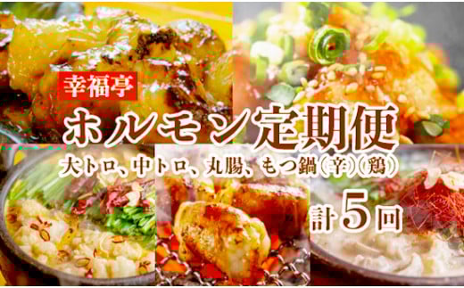 【 ５回定期便 】 幸福亭 ホルモン定期便 5回 毎月 中トロホルモン 大トロホルモン 丸腸 もつ鍋（辛まろ） もつ鍋（鶏まろ） 人気 西京味噌 味噌漬け 味噌焼き 中トロ 大トロ ホルモン モツ 鍋 セット TV 西日本１位 番組