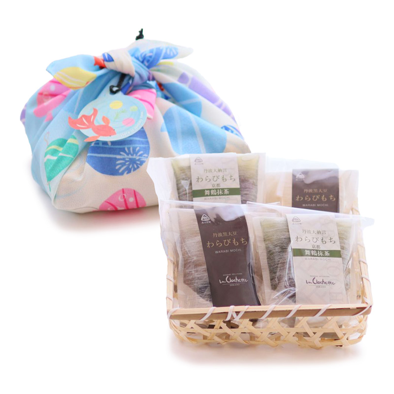 丹波素材のわらび餅「和」 竹籠＆風呂敷包装 4個 紙袋付き :2種類 （ 丹波黒大豆 丹波大納言抹茶 ） | 和 黒蜜 手作り 自家製 黒糖 丹波黒豆 丹波大納言 抹茶 抹茶 わらび餅 和菓子 スイーツ お中元 夏ギフト 贈答用 プレゼント 竹籠 風呂敷包み 京都舞鶴