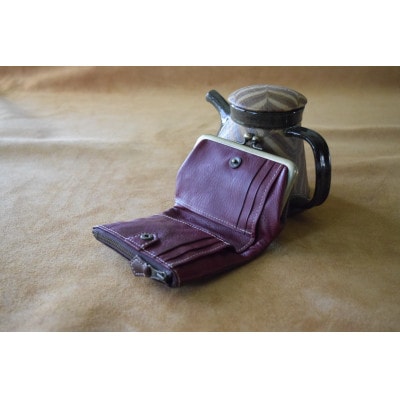 高級イタリアンレザー使用　がまぐち2つ折り財布　タバコ×モスト【1363792】