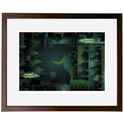 ＼京都・綾部の癒やし系作家/【絵画】　月と魚とピアノ弾き　　額装サイズ526mmx412mm【1278195】