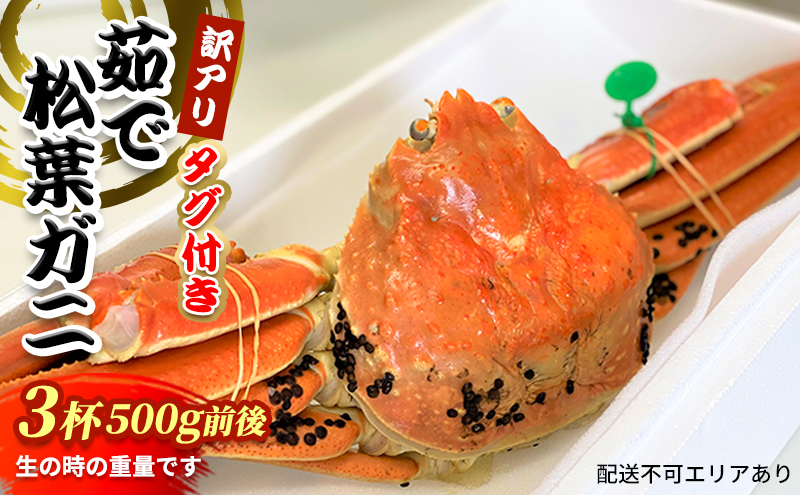 松葉ガニ　茹で　タグ付き　訳アリ　500g前後　3杯《2024年11月中旬?12月中旬、もしくは、2025年1月中旬以降以降順次発送》