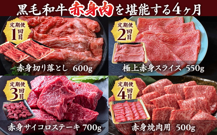 【4回定期便】京都産 黒毛和牛赤身肉 4ヶ月 お楽しみセット【計2.35kg】1回 500g～700g 和牛 専門店 ひら山 厳選 赤身 しゃぶしゃぶ すき焼き サイコロステーキ 焼肉 ステーキ 切り落とし スライス 牛肉 和牛 冷凍 丹波産 A5 A4 ふるさと納税 牛肉 定期便