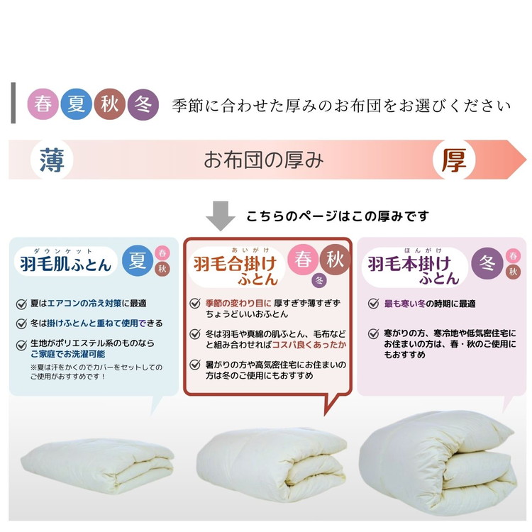 羽毛布団 掛け布団『シングル』 合い掛け 日本製 ホワイトダックダウン85%  ≪寝具 布団 国産 便利 シンプル 無地 軽量 新生活 ふるさと納税布団》京都金桝｜フレール合掛け