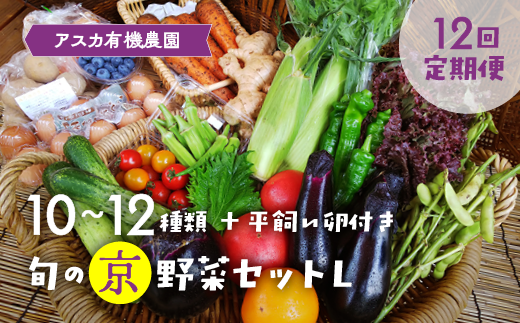 【12回定期便】＜アスカ有機農園＞旬の京野菜セットL（平飼い卵付）＊毎月お届け全12回《野菜定期便 野菜詰め合わせ 野菜セット 京野菜 旬の野菜 新鮮野菜 有機野菜 無農薬野菜 卵》※2025年8月より順次発送（初回分）