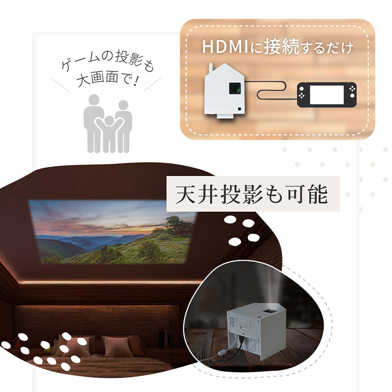 ホーム プロジェクター PicoCube Home fgp02wh [ ピコキューブ リモコン収納可 HDMI接続 ゲーム機 Switch Fire Stick DVDプレイヤー 連携 ミラーリング機能 高画質 フォーカスモード ピント調整可 天井投影対応 自動台形補正機能 簡単設置 ]