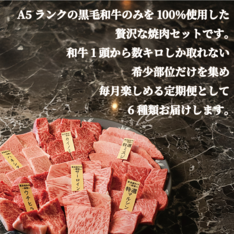 A5ランク黒毛和牛 3回定期便 希少部位 計6種類 1kgずつ×3回 （サーロイン カイノミ ハネシタ マルシン ミスジ ウチヒラ） 和牛 焼肉 人気 おすすめ ふるさと納税 京都 八幡 老舗 丸中精肉店 牛宗まるなか