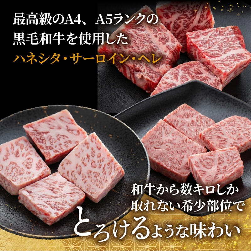 【A4~A5ランク黒毛和牛の希少部位】 3種類 セット 計300g ハネシタ サーロイン ヘレ たれ漬け 焼肉 A4ランク A5ランク 黒毛和牛 牛肉 和牛 牛 肉 お肉 おにく 国産 特製 タレ たれ 冷凍 小分け お弁当 おかず 夕ご飯 家庭 家庭用 惣菜 お惣菜 料理 調理 人気 おすすめ ふるさと納税 京都 八幡 八幡市 老舗 丸中精肉店 牛宗まるなか お正月 年末 年始 新年