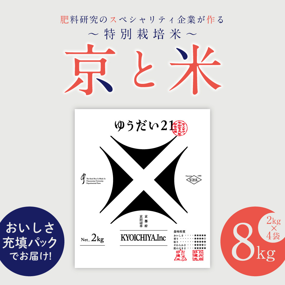京都府京田辺市産 京と米 ゆうだい21 8kg (2kg×4袋) R7年度産 お米 米 こめ コメ 精米 白米 ごはん ご飯 弁当 おにぎり 真空 長期保存 防災 京田辺市 京都府 kt2026