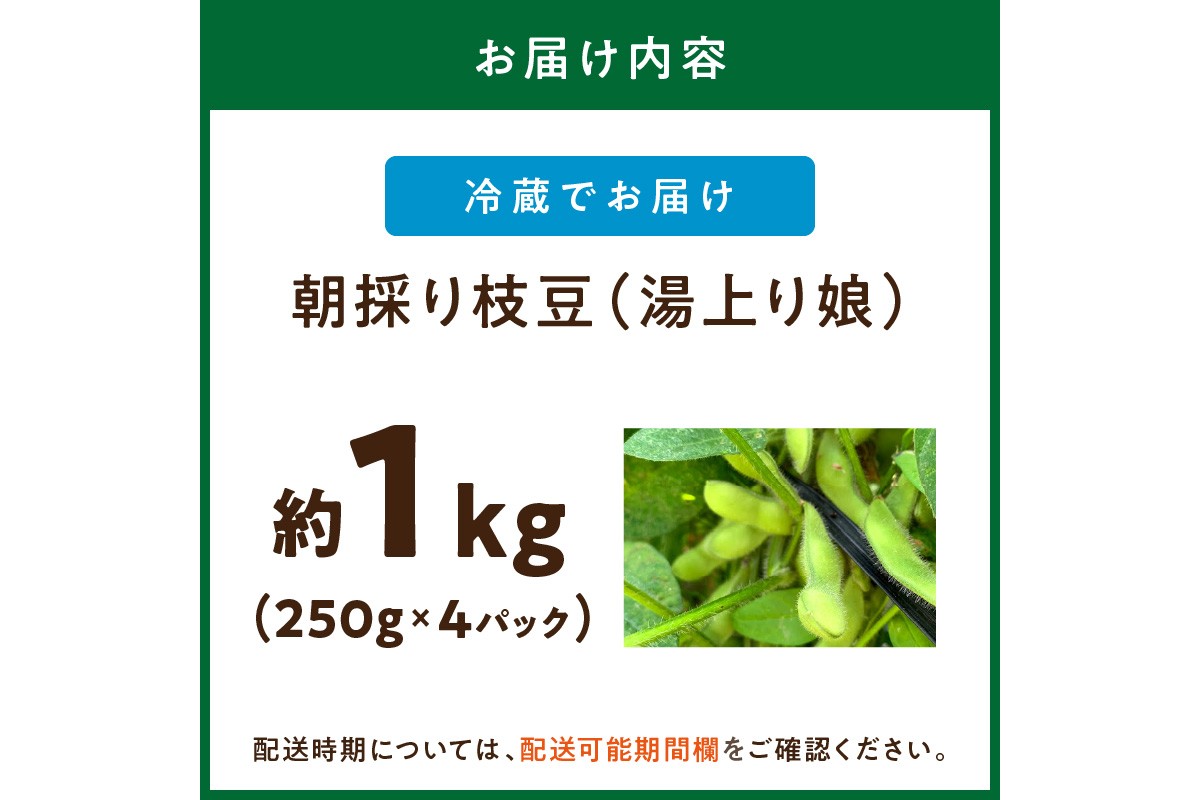 【先行予約／数量限定40】朝採り枝豆（湯上り娘）1kg（250g×4パック）（栽培期間中農薬・化学肥料・除草剤不使用）（2026年7月上旬～発送） おつまみ 農家応援 京都産 えだまめ 朝採れ 農家直送