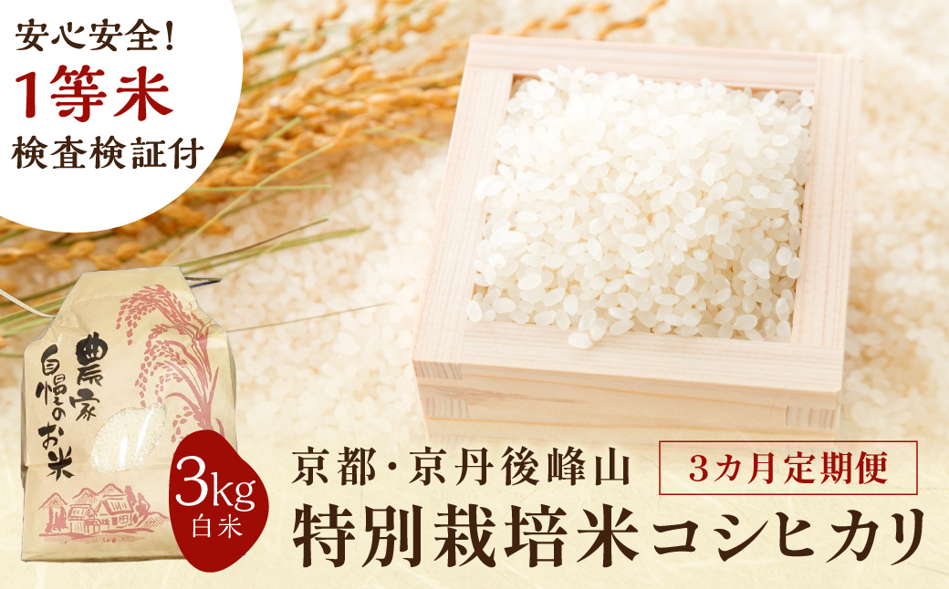 【3ヶ月定期便】2026年産 京都・京丹後峰山 特別栽培米コシヒカリ 3kg 【白米】 1等米 検査済証付　お米 精米 お弁当 おにぎり 京都府産 白米 特別栽培 一等米 ふるさと納税 米 定期便 生産者応援 農家応援