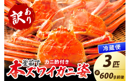 【大好評！カニ酢付き】訳あり！釜茹で！本ずわいがに姿 600g×3杯