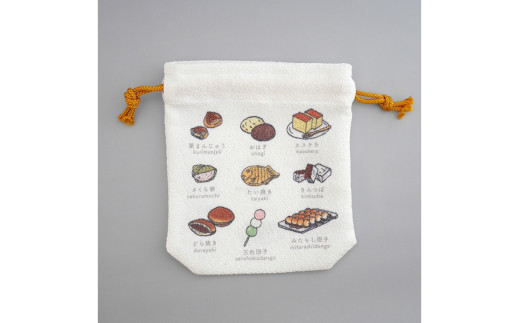 丹後ちりめん　にほんご巾着「wagashi（和菓子）」 サイズ：約13.5cm×17.5cm