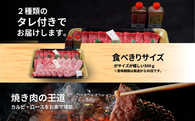 京の肉 焼き肉用カルビ・ロース 食べ比べセット 500g タレ付　南丹市×「甘神さんちの縁結び」コラボクリアファイルとコースターのセット付き！