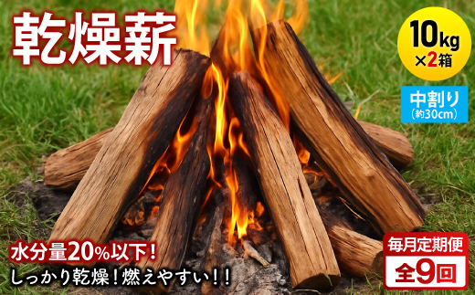 【毎月定期便】乾燥薪 キャンプ用 10kg×2箱 中割(約30cm) 広葉樹ミックス全9回【4087716】