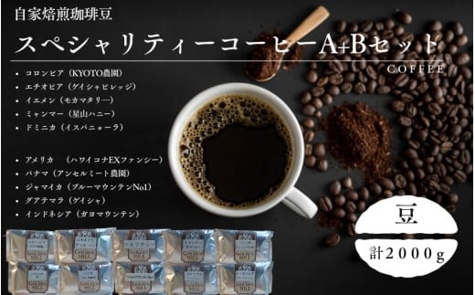 自家焙煎珈琲豆スペシャリティーコーヒーA＋Bセット（合計2000ｇ）【豆でお届け】【gdml0023】