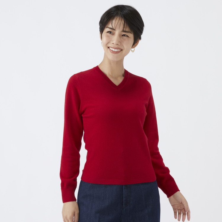 日本製 カシミヤ100% レディース Vネック レッド 2Lサイズ
