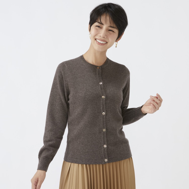 日本製 カシミヤ100% レディース クルーカーディガン モカブラウン 2Lサイズ