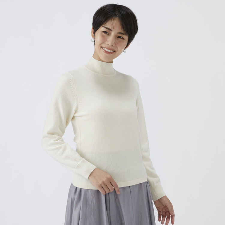 日本製 カシミヤ100% レディース ハイネックセーター オフホワイト 2Lサイズ