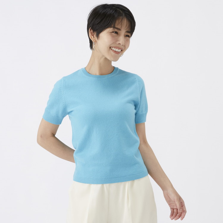 日本製 カシミヤ100% レディース クルーネック半袖 Lサイズ