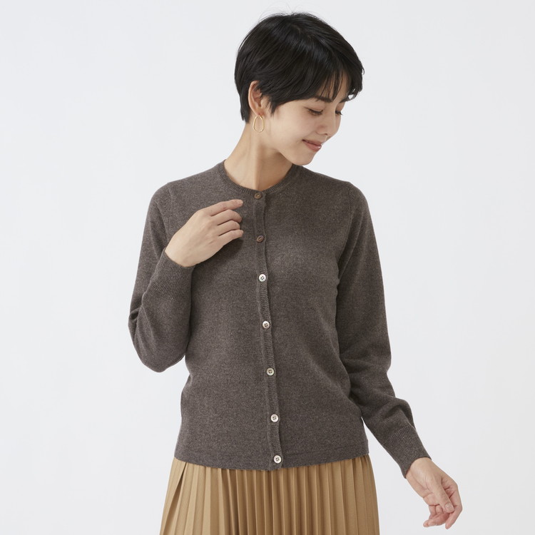 日本製 カシミヤ100% レディース クルーカーディガン モカブラウン 2Lサイズ