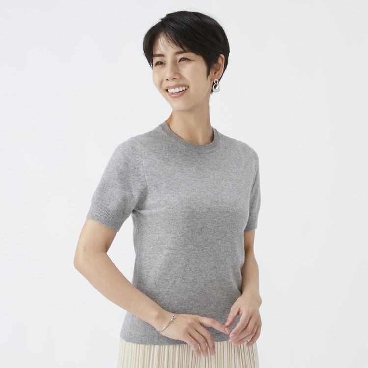 日本製 カシミヤ100% レディース クルーネック半袖 2Lサイズ