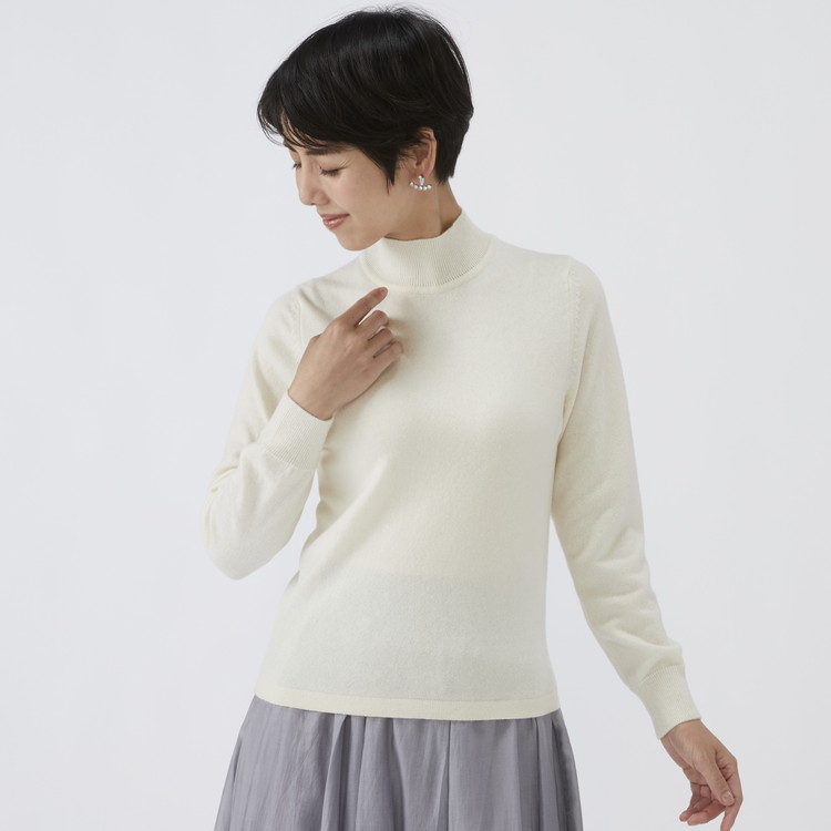 日本製 カシミヤ100% レディース ハイネックセーター オフホワイト 2Lサイズ
