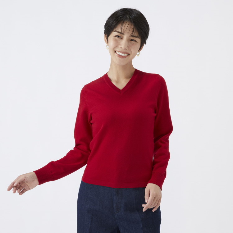 日本製 カシミヤ100% レディース Vネック レッド 2Lサイズ