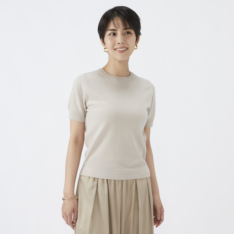 日本製 カシミヤ100% レディース クルーネック半袖 Lサイズ
