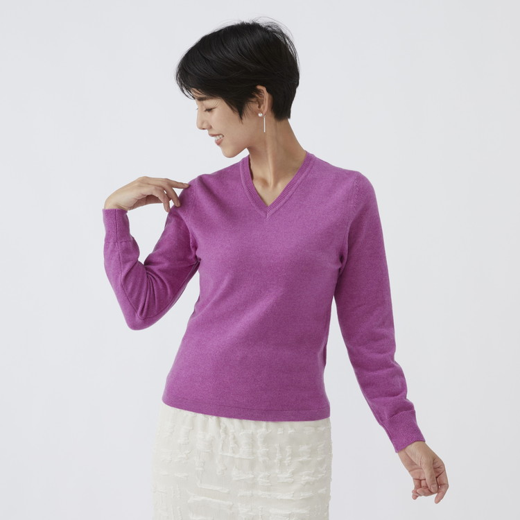 日本製 カシミヤ100% レディース Vネック パープル 2Lサイズ