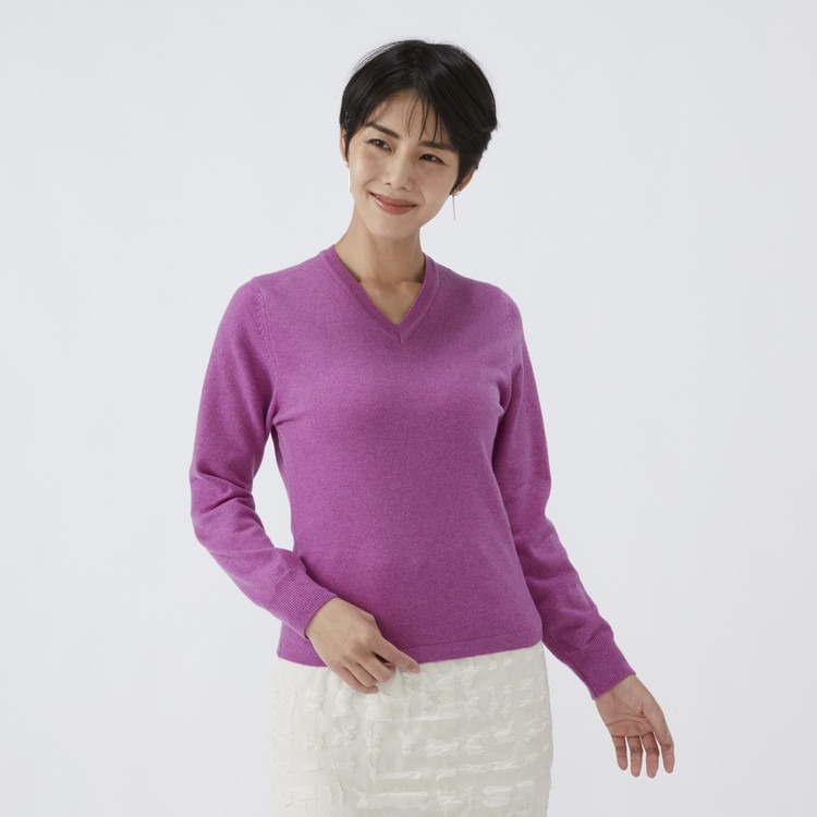 日本製 カシミヤ100% レディース Vネック パープル