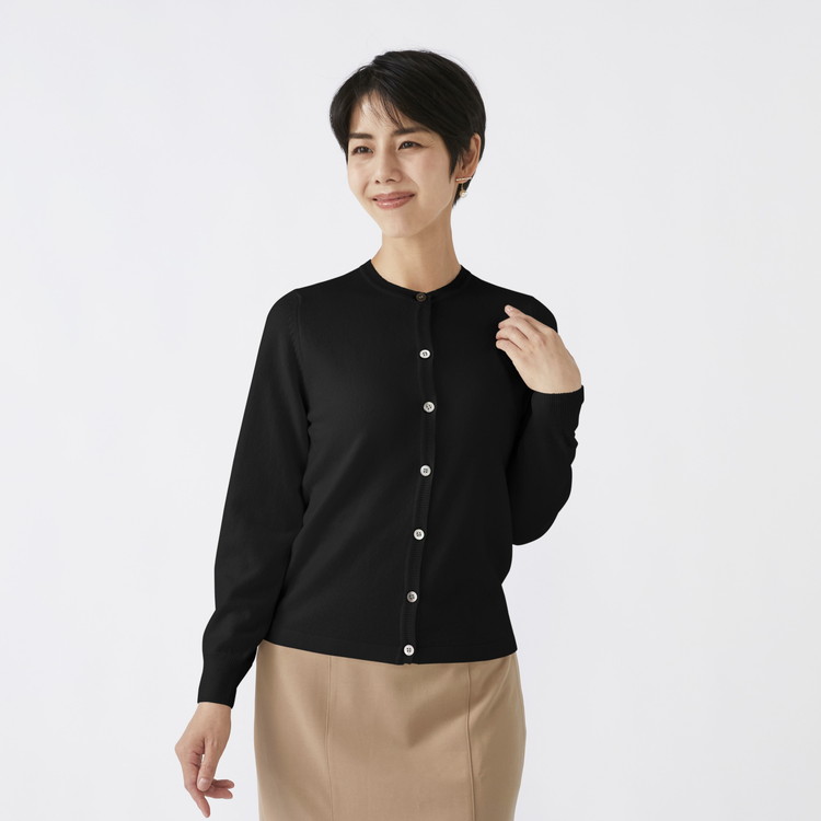 日本製 カシミヤ100% レディース クルーカーディガン ブラック S～Lサイズ